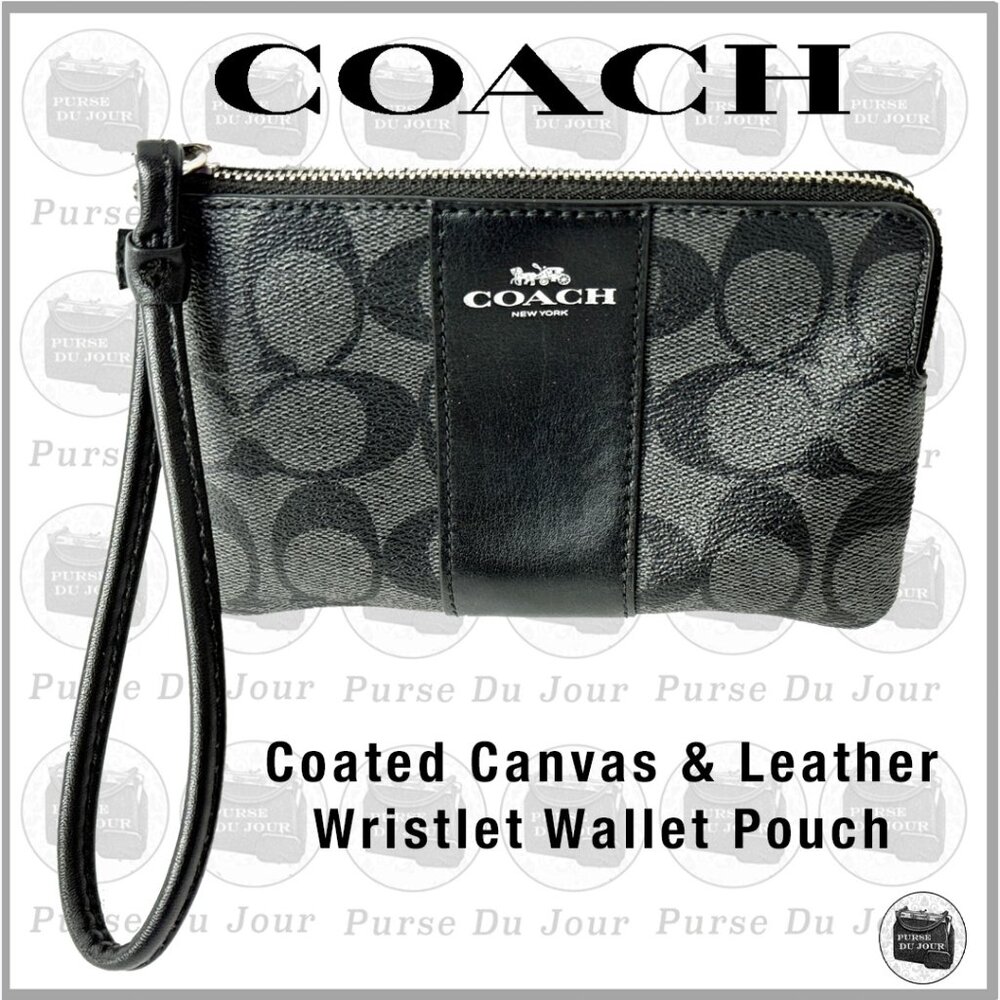 Coach Grey & Black Coated Canvas Signature C Wristlet Wallet Pouch #F58035